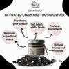A glass jar full of activated charcoal toothpowder that helps brighten your teeth in a zero waste and natural way!