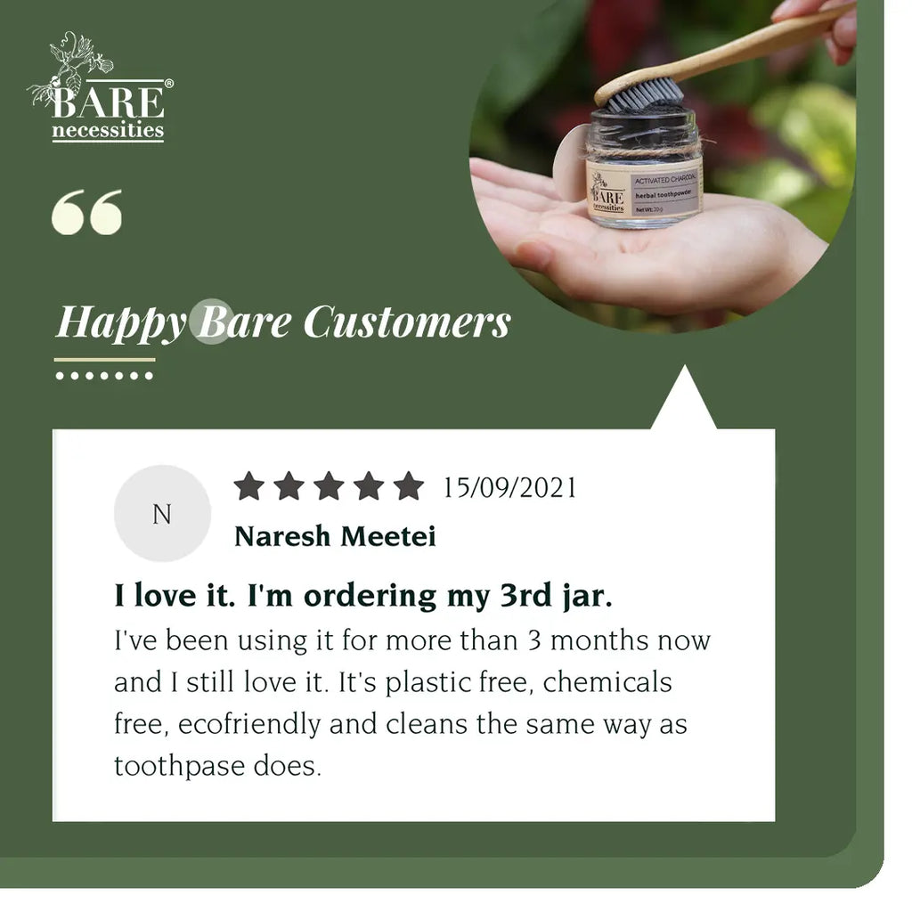 A glass jar full of activated charcoal toothpowder that helps brighten your teeth in a zero waste and natural way! This is a customer review of a happy customer!