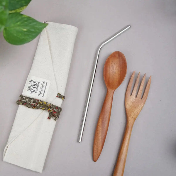 Handcrafted upcycled pouches with reusable cutlery straw sustainable