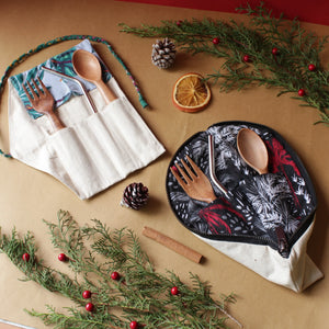 Bare upcycled pouches with reusable cutlery and straw zero waste kit